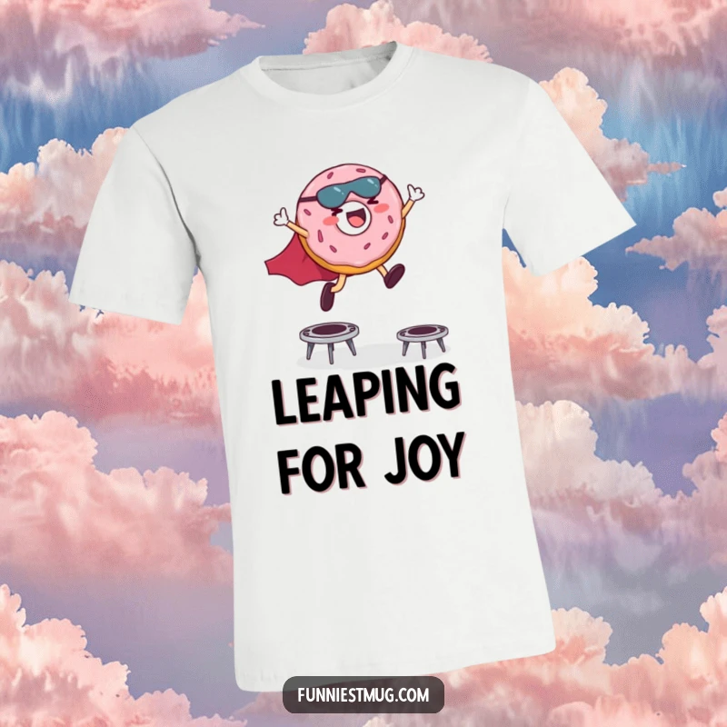 Funny t-shirt showcasing a joyful superhero donut with a cape, mid-air leap over miniature trampolines.