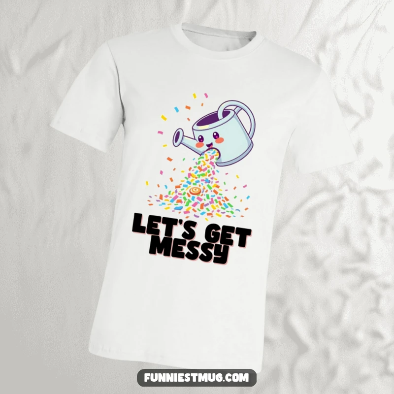 Funny T-Shirt: Giggling watering can pouring a cascade of colorful confetti, a wearable party.