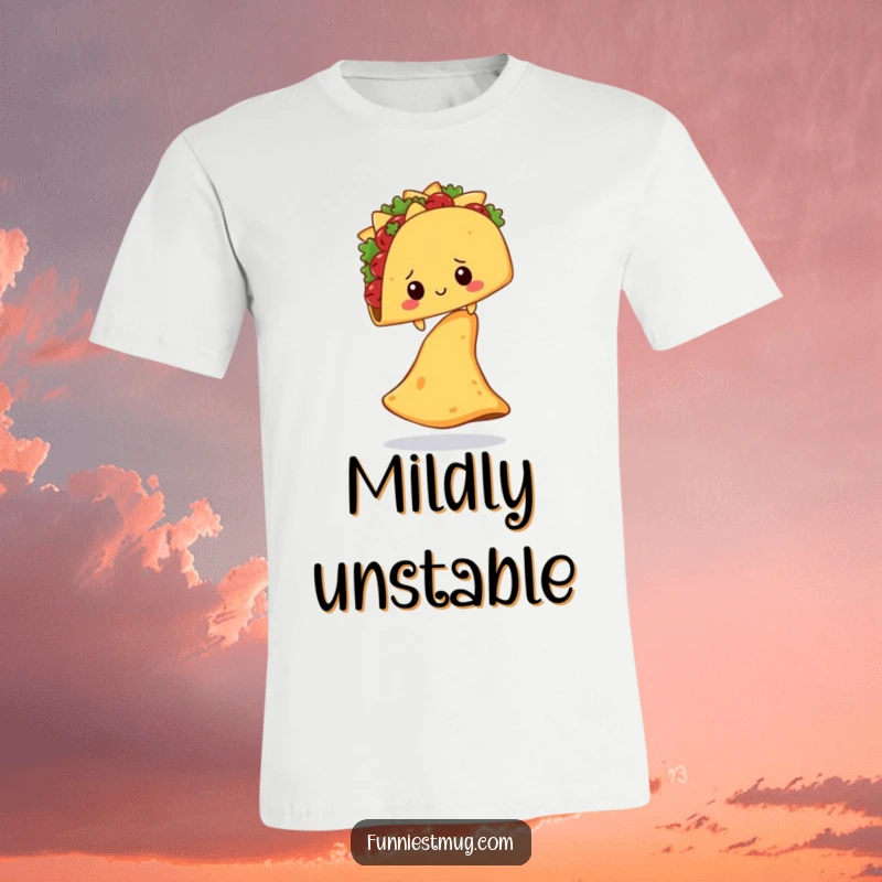 Funny Shy Taco Nacho Chip T-Shirt: A shy taco character wobbles on an oversized nacho chip, looking hilariously uncertain.