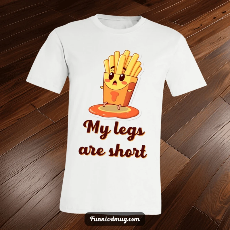 Funny t-shirt showing a surprised french fry character with tiny legs attempting to escape a ketchup pool, highlighting a comical and desperate food situation.