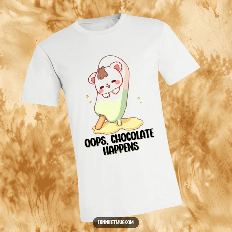 Funny Cute Animal T-Shirt depicting the character's hilarious slip on a giant, melting chocolate bar, a perfect treat for laughs.
