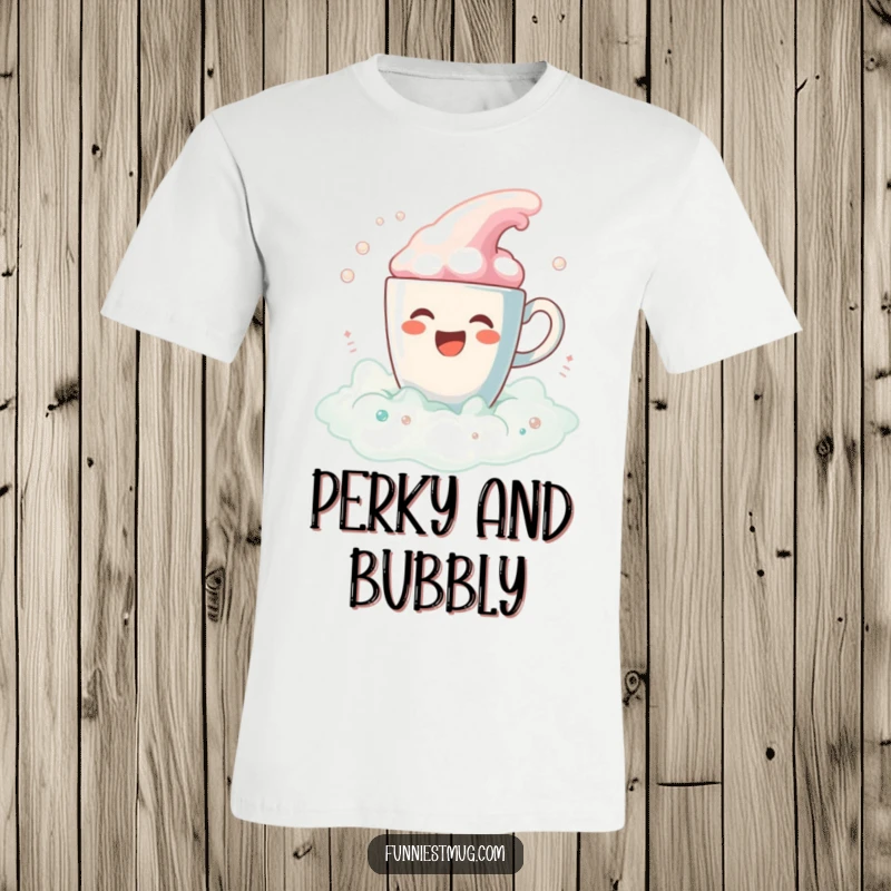 Funny Coffee Bath Spill T-Shirt: A gleeful coffee cup character joyfully spills a colorful, bubbly foam bath, very funny.