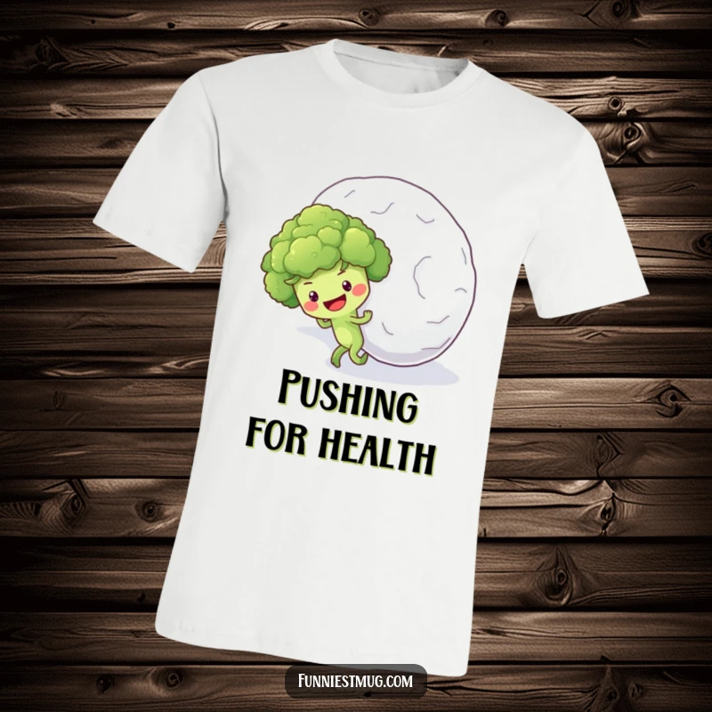 Funny t-shirt graphic of a tenacious broccoli floret character attempting to push a giant snowball up a steep hill.