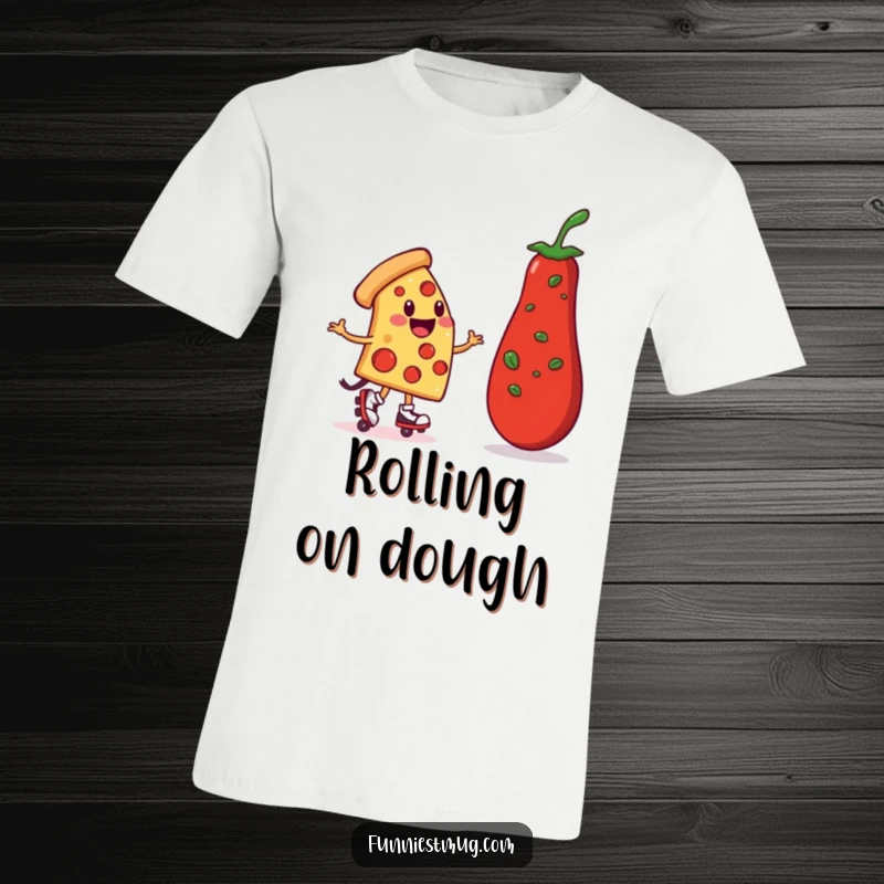 Funny Pizza Roller Skater T-Shirt: A smiling pizza character wobbles on roller skates, heading towards a giant pepperoni, super funny.