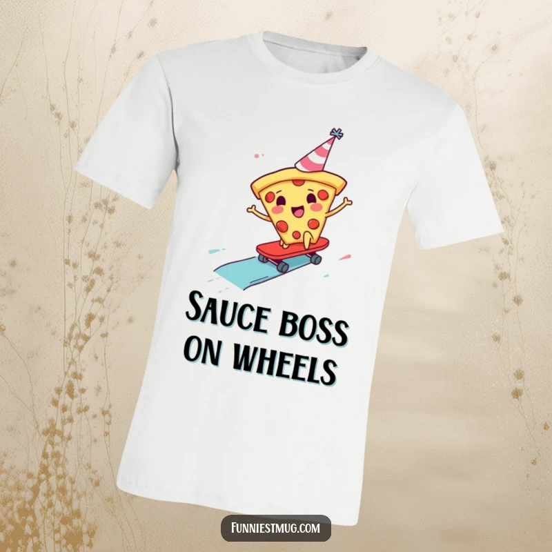 Funny Pizza Skater T-Shirt showing a pizza slice with a party hat skateboarding down a sauce slide, capturing pure, cheesy fun.