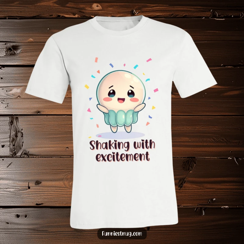 Funny Jelly Joy T-Shirt displaying a wobbly jelly character in a state of bewildered joy, catching falling confetti, designed for comfort.