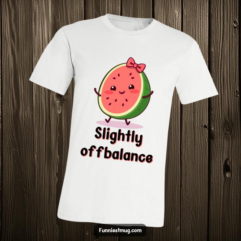 Funny t-shirt depicting a cheerful watermelon slice wearing a bow, comically tripping, a humorous and cute summer design.