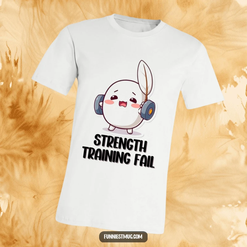 Funny Kawaii dumbbell character looking strained while trying to lift a feather, illustrating a humorous workout moment on a t-shirt.