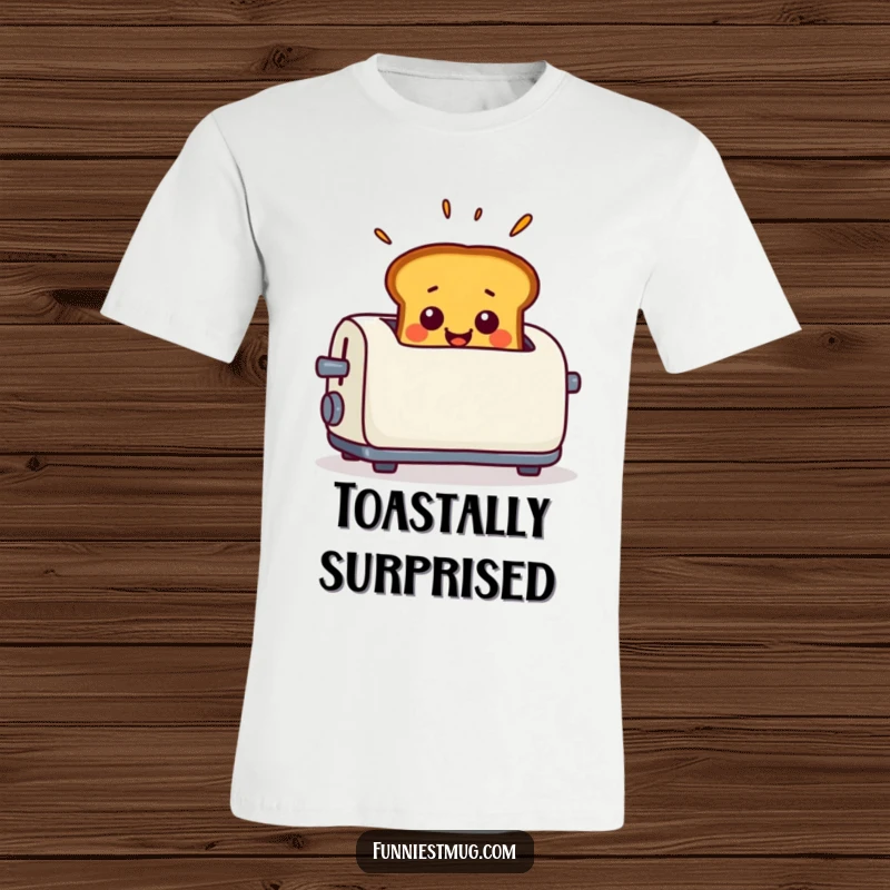 Funny T-Shirt depicting smiling toast popping out of a toaster with a comically surprised expression.