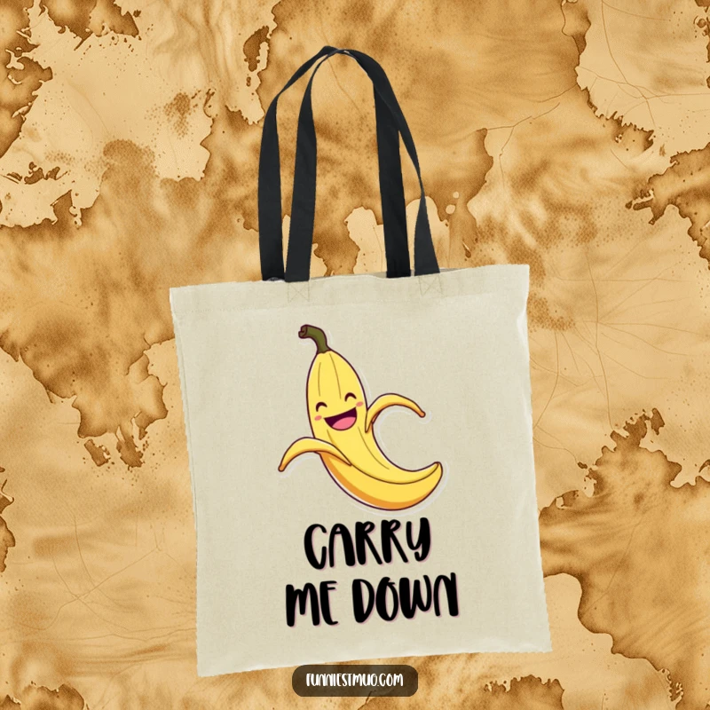 Funny Banana Peel Slip Tote Bag: Durable tote featuring a grinning banana peel comically slipping on its own peel with exaggerated flair, a funny accessory.