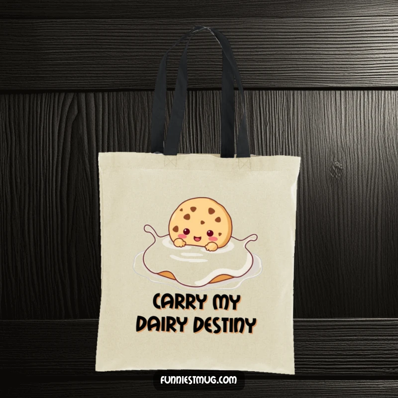 Funny Kawaii cookie character happily drowning in a large milk puddle, featured on a practical and humorous tote bag.
