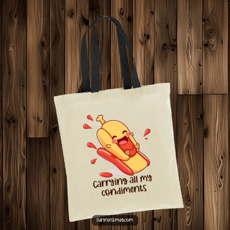 Funny hot dog tote bag featuring a hot dog in a bun comically sliding down a ketchup slide, a practical and humorous accessory.
