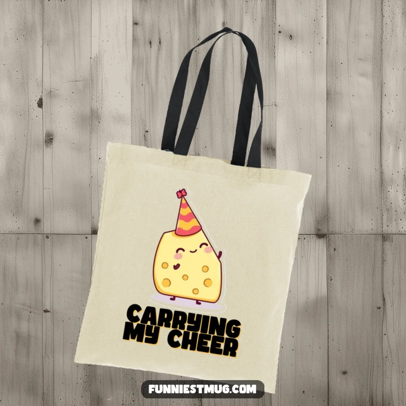 Funny Tote Bag: Jolly cheese wedge attempting to balance a tiny party hat, a humorous and practical accessory.