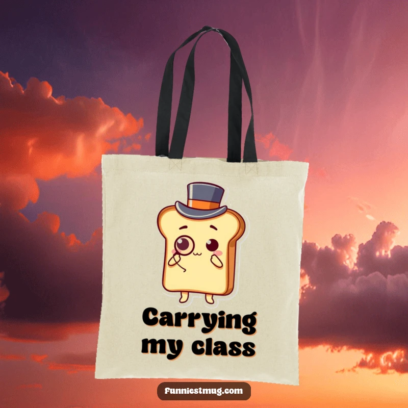 Funny Kawaii tote bag with a slice of toast character wearing a top hat and monocle, bowing elegantly.