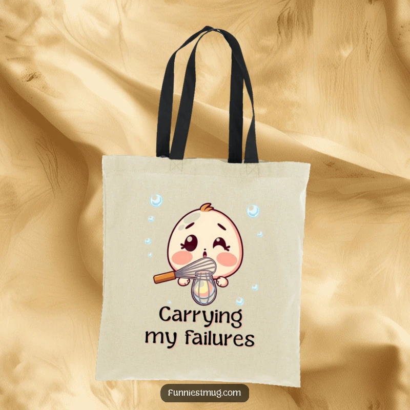 Funny Tote Bag: Surprised whisk dramatically failing to whisk a single bubble, a humorous kitchen accessory.