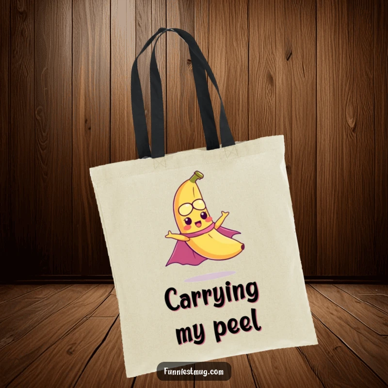 Funny tote bag showcasing a mischievous banana wearing a cape, attempting to fly, perfect for carrying your heroic gear.