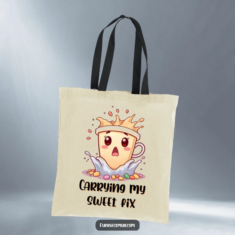 Funny coffee cup character surprised by tiny candy waves splashing, on a tote bag.
