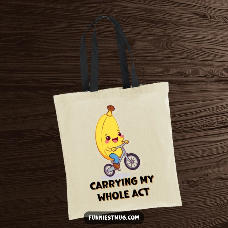 Funny banana character performing a daring unicycle stunt on a durable tote bag, showcasing a funny and practical accessory.