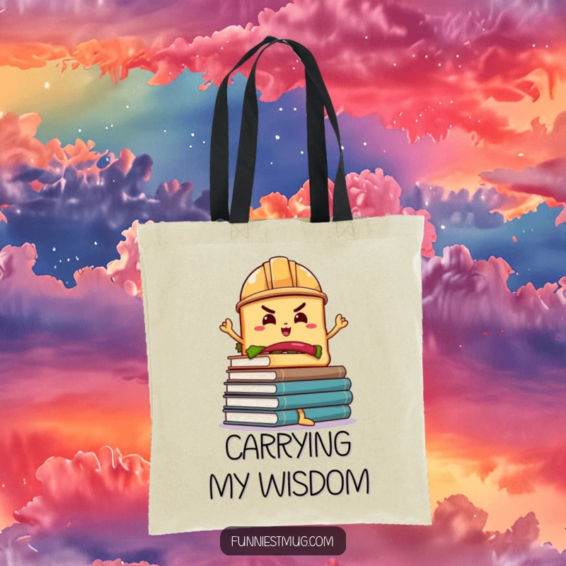 Funny Sandwich Hard Hat Tote Bag: A determined sandwich with a hard hat carrying wobbly books, a practical and funny bag.