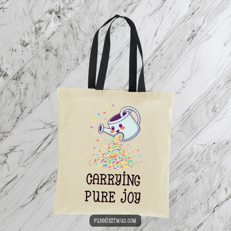 Funny Tote Bag: Giggling watering can pouring a cascade of colorful confetti, a joyful and practical accessory.