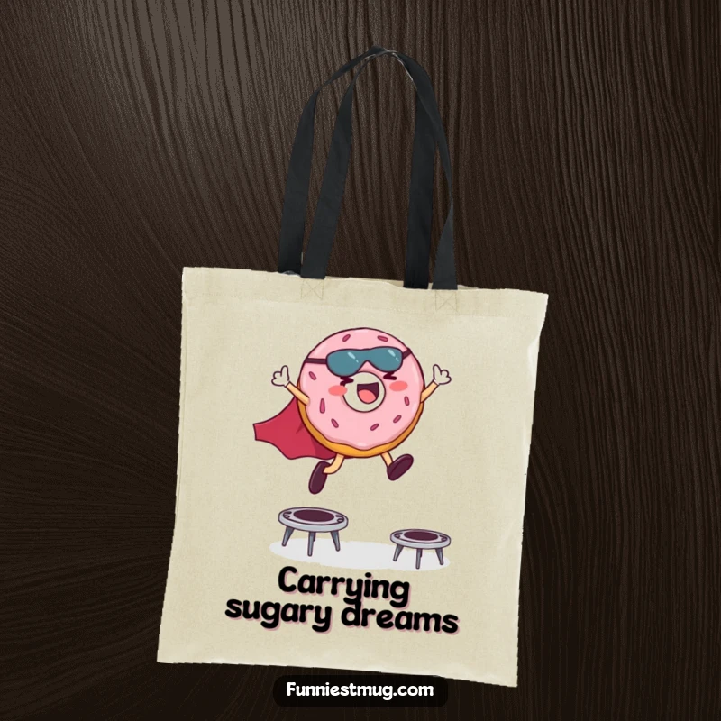 Funny tote bag with a giggling donut superhero in a cape leaping high over miniature trampolines, a playful design.