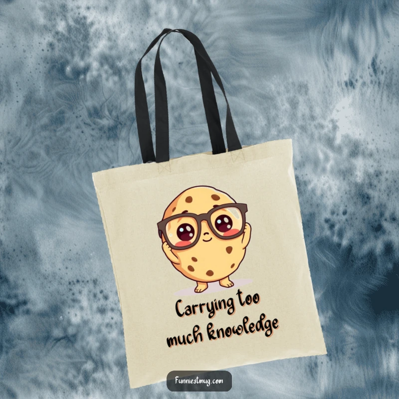Funny cookie character wearing oversized reading glasses, on a tote bag.