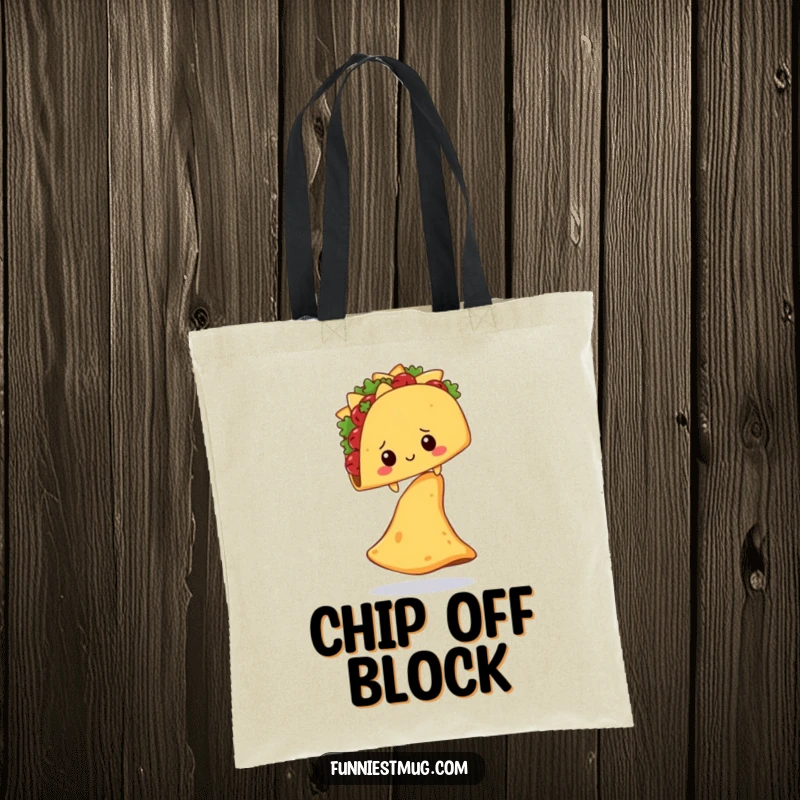 Funny Shy Taco Nacho Chip Tote Bag: A shy taco character balances on a huge nacho chip, a very funny accessory.