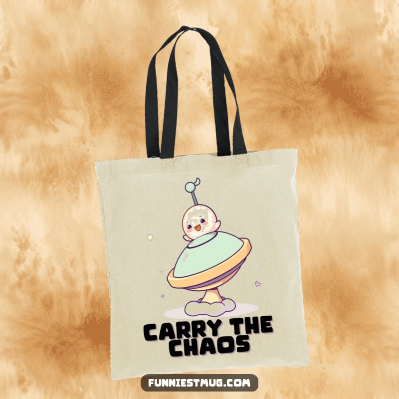 Funny Small Blob Tote Bag illustrating the character's funny attempt to ride a spinning top, perfect for carrying essentials with humor.