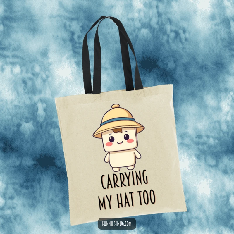 Funny tote bag with a happy blocky character hiding behind a comically large hat that covers its entire face.