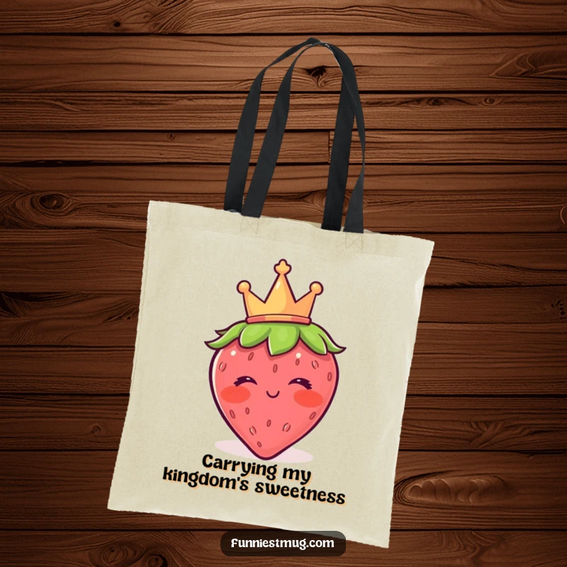 Funny strawberry tote bag with a tiny crown, blushing and winking playfully, a charming and humorous accessory for carrying daily items.