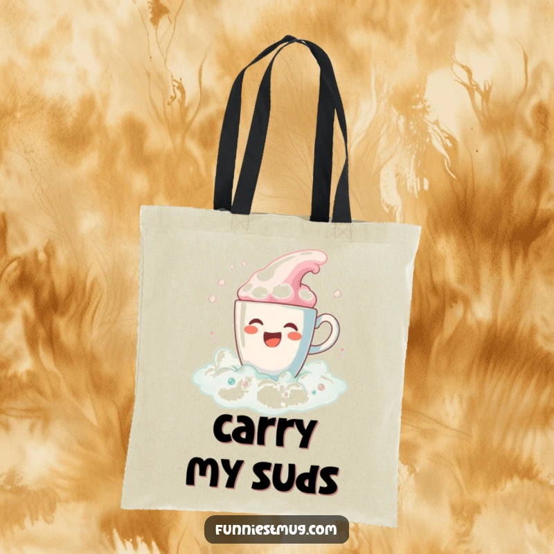 Funny Coffee Bath Spill Tote Bag: A gleeful coffee cup character spilling a bubbly, colorful foam bath, a very funny accessory.