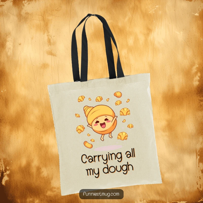 Funny tote bag showcasing a happy croissant character cartwheeling energetically, with small croissants scattered, perfect for carrying groceries with a humorous bakery theme.