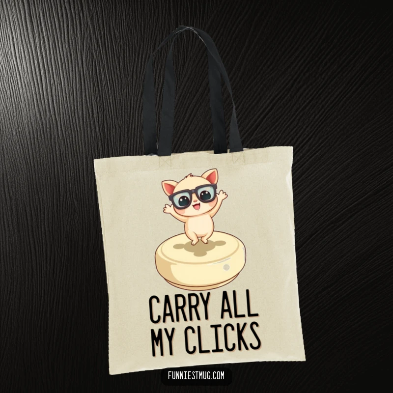 Funny Little Creature Tote Bag illustrating the character with oversized glasses dancing on a button, perfect for carrying essentials stylishly.