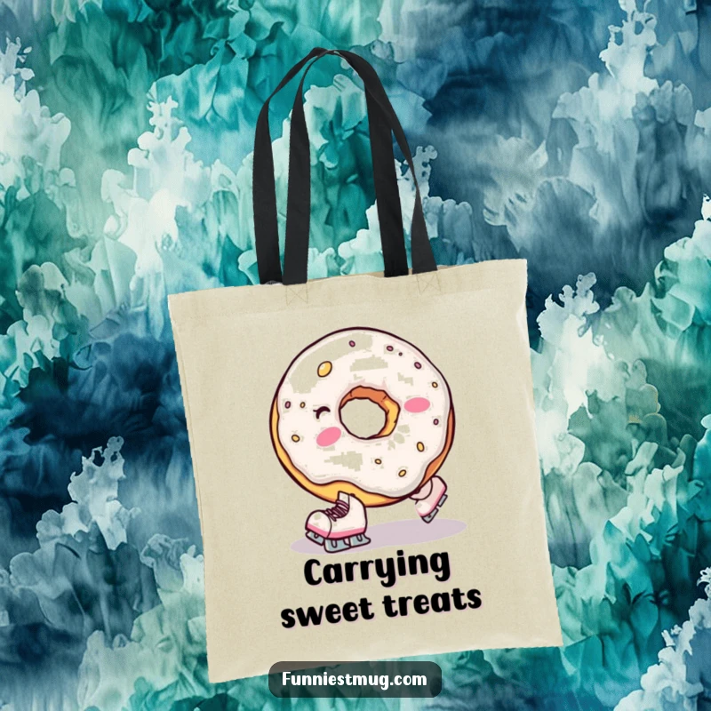 Funny tote bag showcasing a clumsy donut hole wearing tiny skates, comically falling, perfect for carrying your sweet essentials.