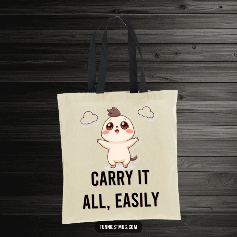 Funny Googly Eyed Creature Tote Bag showcasing the creature's teacup juggling adventure, perfect for shopping and daily use.