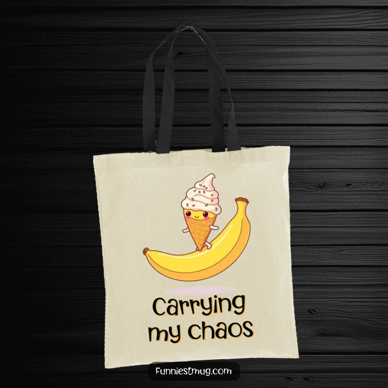 Funny Ice Cream Cone Tote Bag: A clumsy, sprinkle-covered character slipping on a banana peel, a spacious and funny bag.