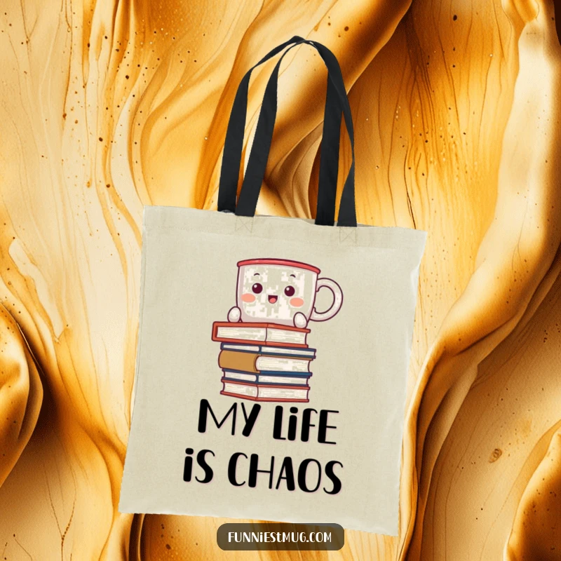 Funny Kawaii tote bag featuring a coffee mug character comically attempting to balance a stack of books while out and about.