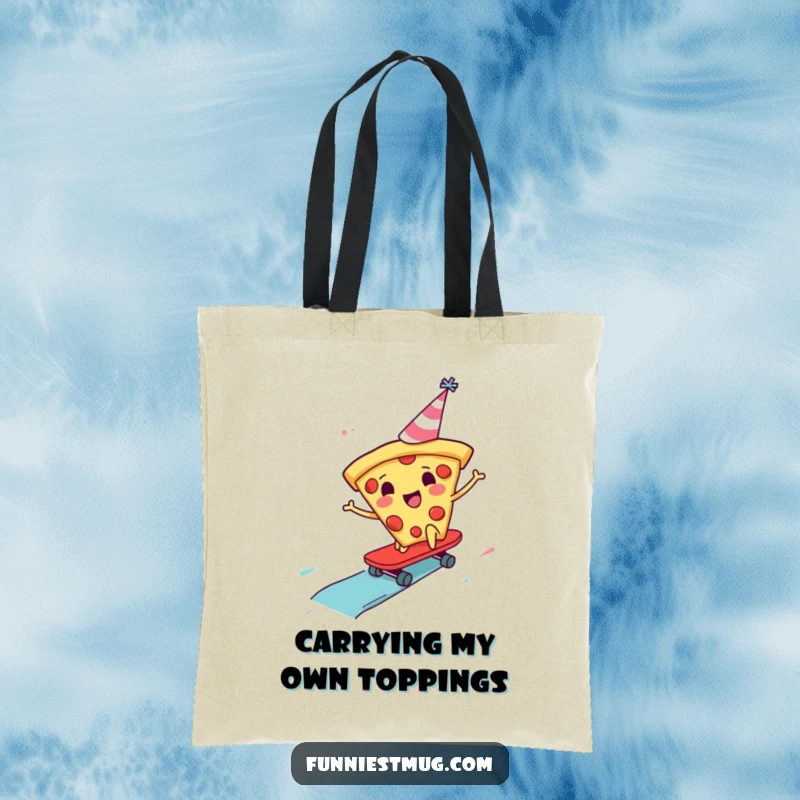 Funny Pizza Skater Tote Bag showcasing a pizza slice with a party hat skateboarding down a sauce slide, ideal for carrying daily items.