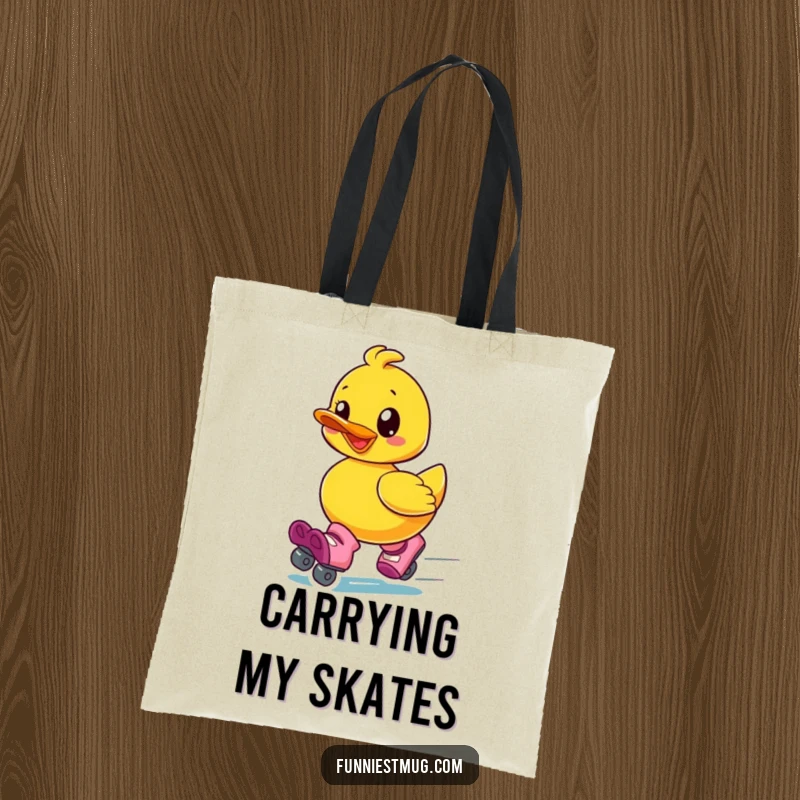 Funny tote bag with a gleeful rubber ducky wearing oversized roller skates and speeding away, a humorous and practical carry-all.