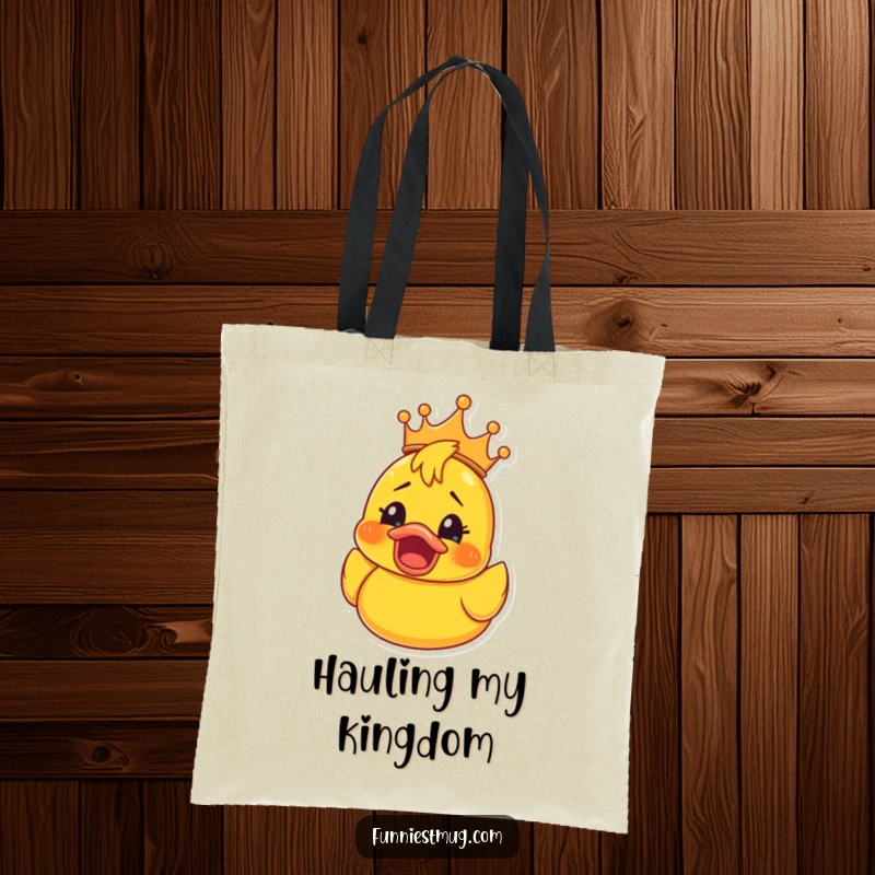 Funny Rubber Ducky Crown Tote Bag: Sturdy tote with a rubber ducky in a crown, eyes wide with surprised happiness, a funny and practical accessory.