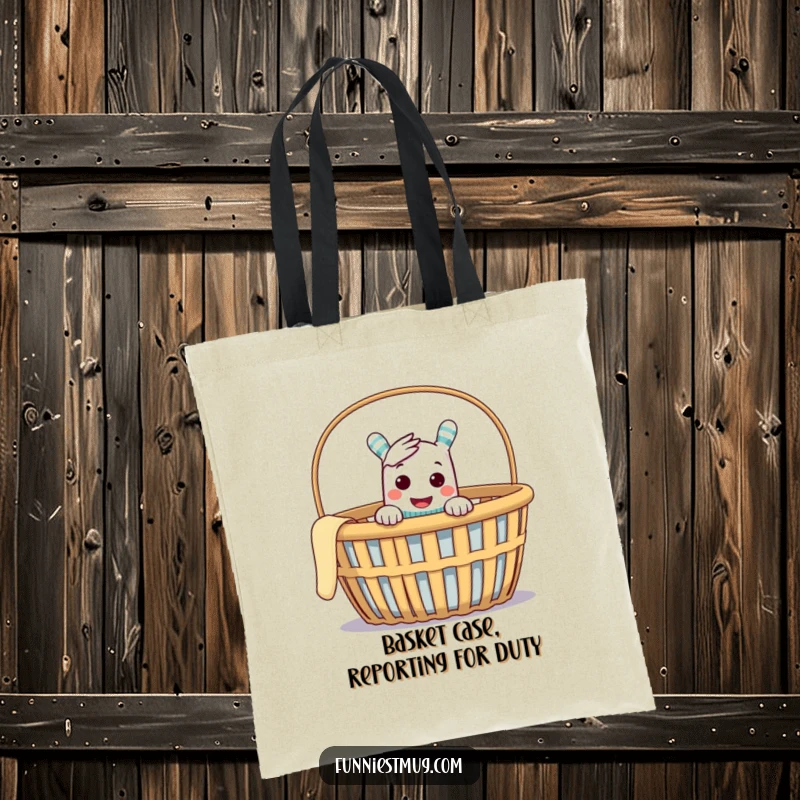 Funny tote bag with a cheeky sock puppet peeking from an empty laundry basket, symbolizing playful mischief and practicality.