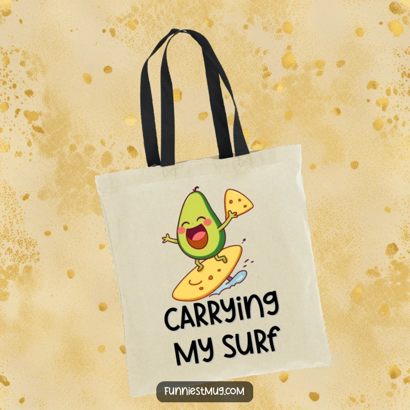 Funny avocado character laughing while surfing on a giant tortilla chip, on a tote bag.