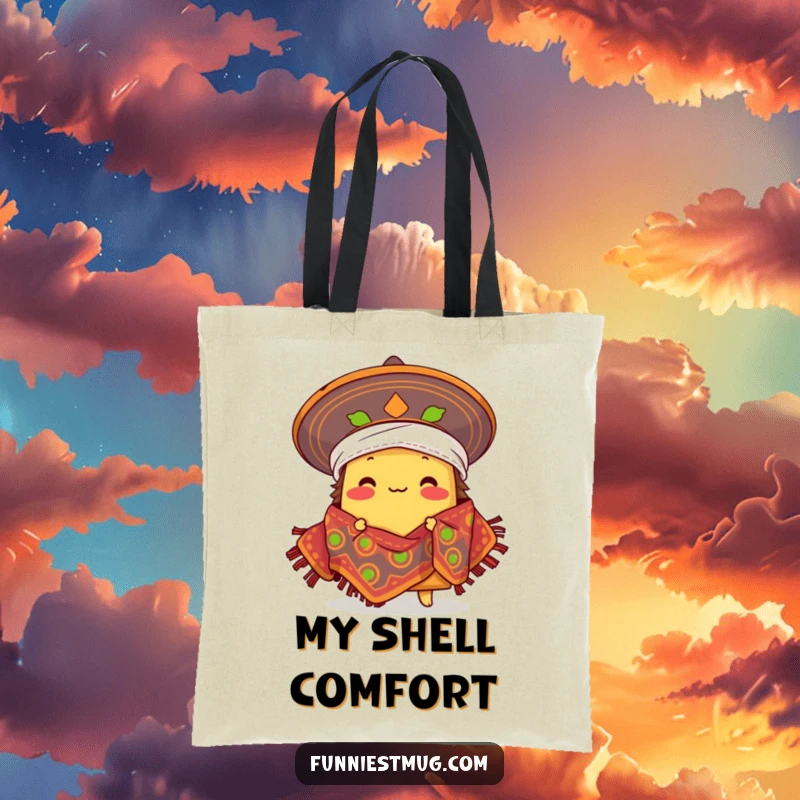Funny proud taco character comically wearing a sombrero as a blanket, Mexican food humor on a durable tote bag.