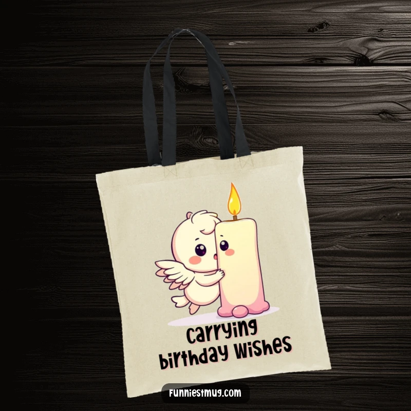 Funny tote bag with a playful winged character gently bumping into a giant birthday candle, looking surprised.