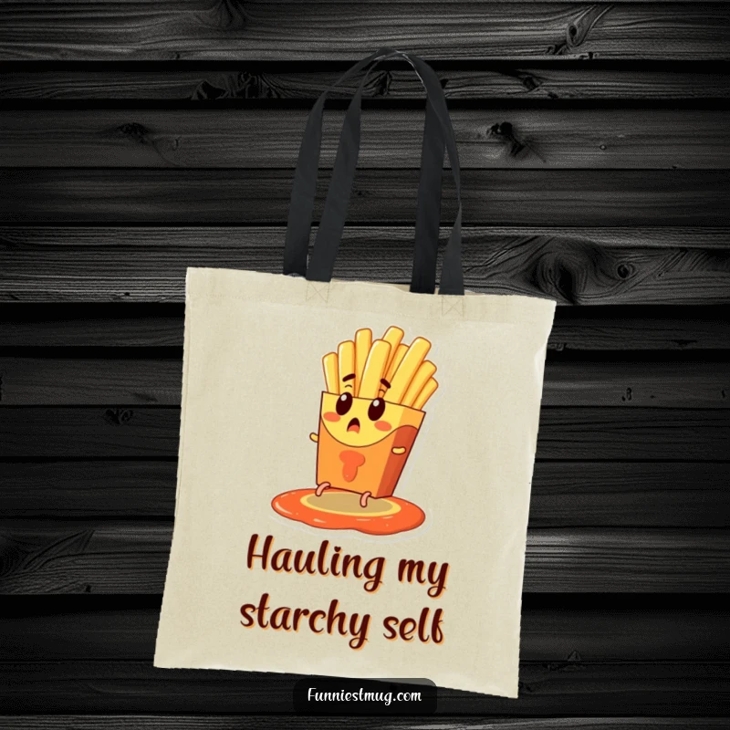 Funny tote bag illustrating a surprised french fry character with tiny legs escaping a ketchup pool, combining utility with a humorous and relatable food predicament.