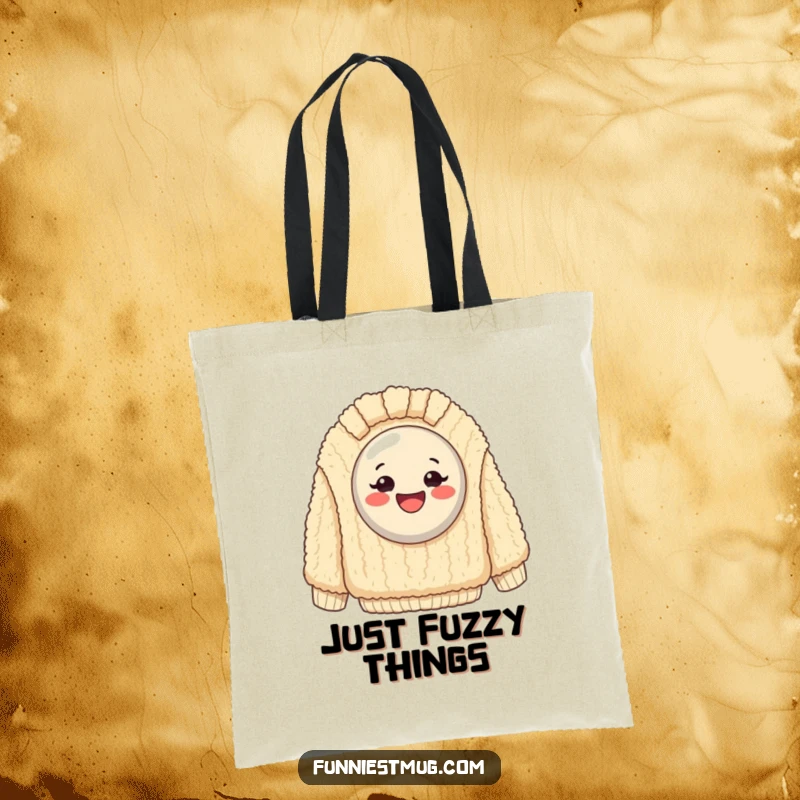 Funny Tote Bag: Exaggeratedly happy button stuck on a giant, fuzzy sweater, perfect for humorous everyday use.