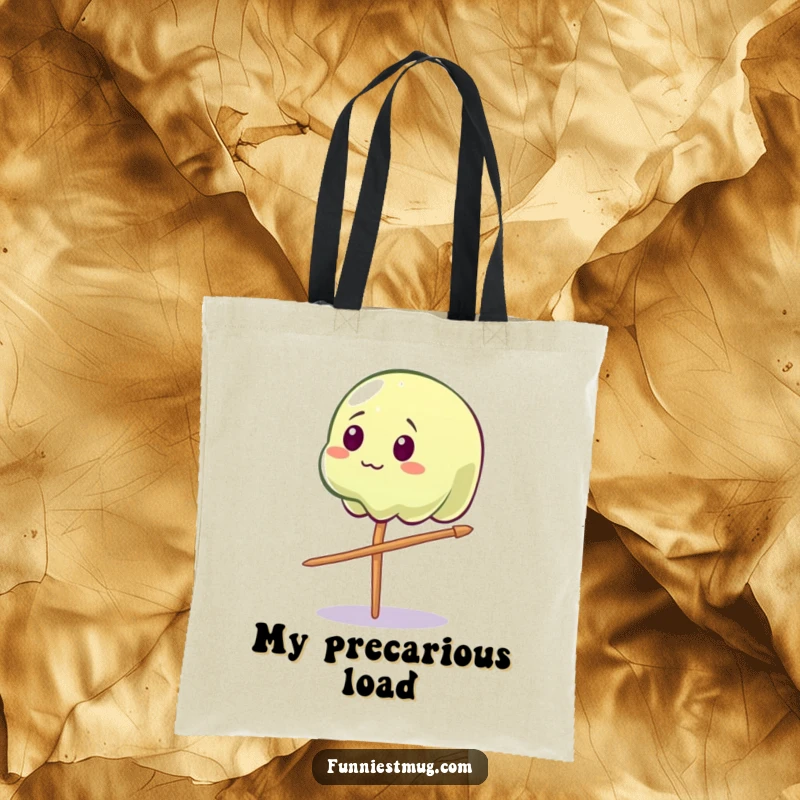 Funny Wobbly Jelly Tote Bag: A wobbly jelly character comically balancing on a toothpick, perfect for everyday use.