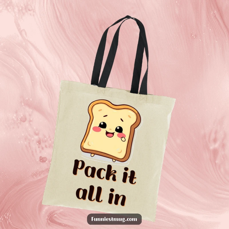 Funny toast slice character in a comical biting attempt on a sturdy tote bag, perfect for humorous shopping and funny gifts.
